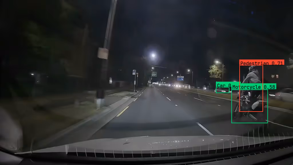 Night dashcam frame with boxes labelled Pedestrian 0.71, Motorcycle 0.58 and Car around a rider and a parked car