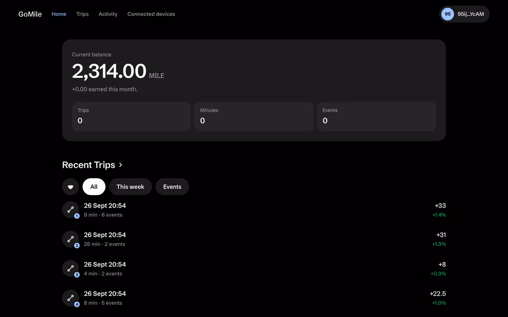 GoMile driver dashboard showing a MILE balance and a list of recent trips with the reward for each