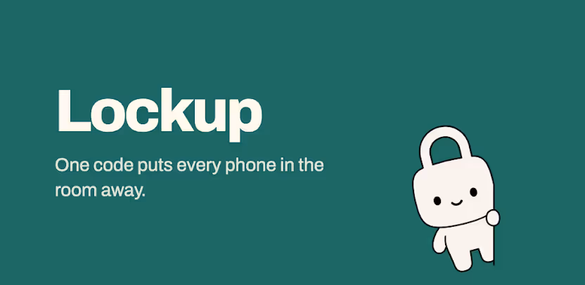 Lockup banner reading 'One code puts every phone in the room away', with the padlock character peeking in