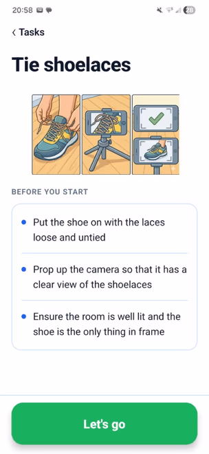 Shoelace task setup screen for tying shoelaces