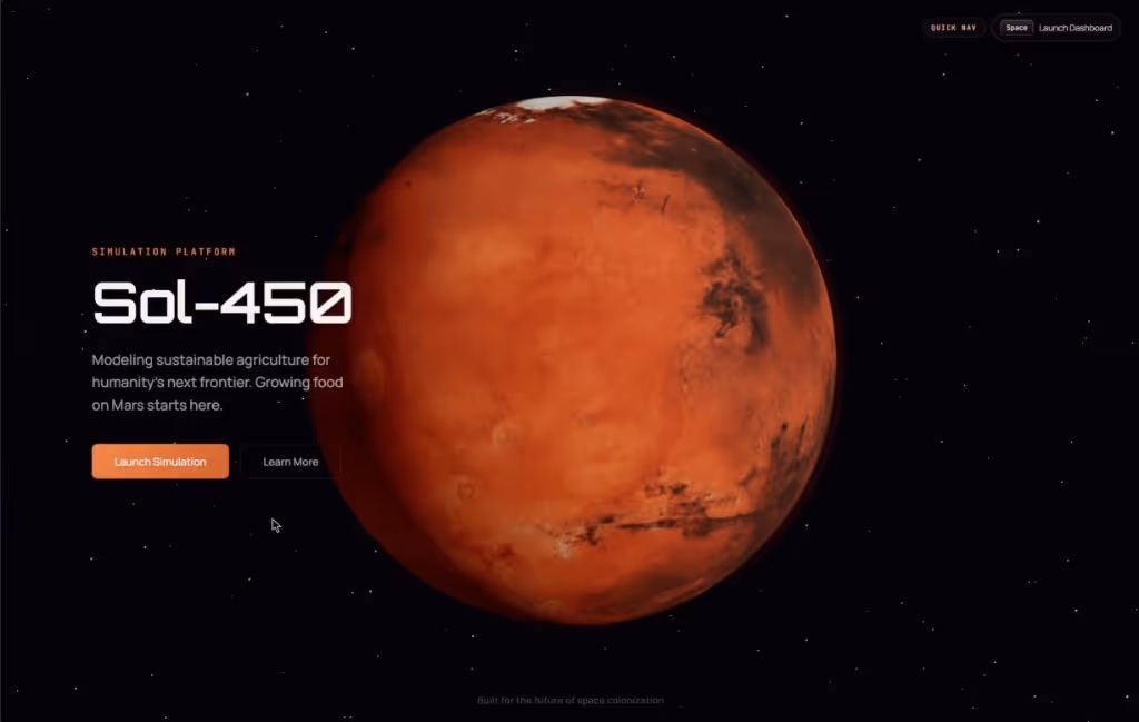 Sol-450 landing page with Mars planet and launch simulation button
