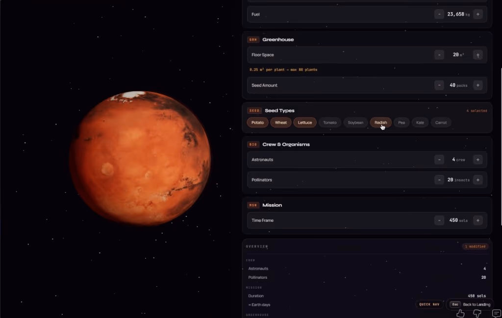 Sol-450 mission planner with greenhouse settings and Mars backdrop