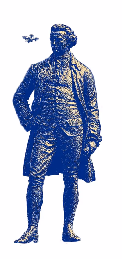 TAIR landing page illustration of an 18th-century figure with a drone